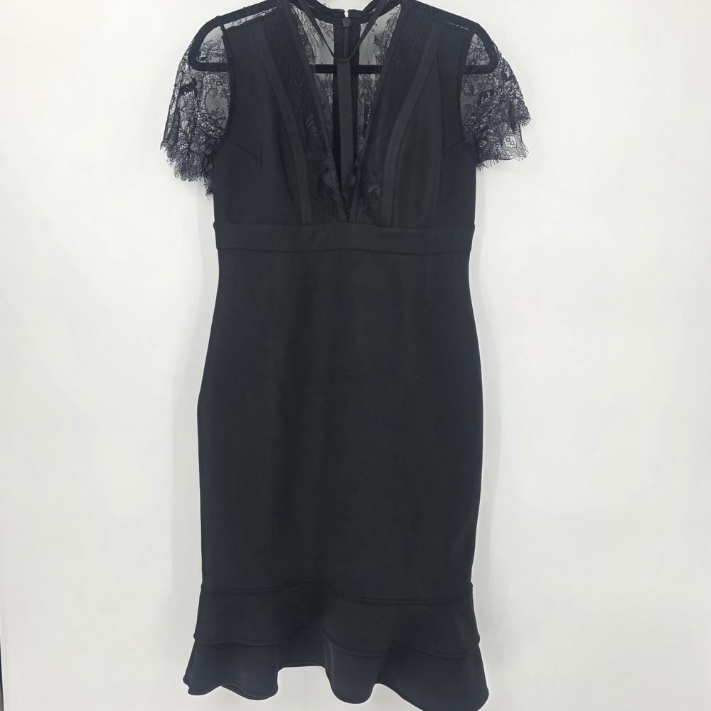 VENUS Women's Large MAFA Ruffle Hem Sexy Plunge Neckline Black Lace Midi Dress